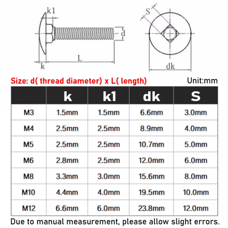 M8 M10 M12 GB12 Black 304 Stainless Steel Small Truss Round Head Square Neck Carriage Screw Coach Bolt 12mm-100mm