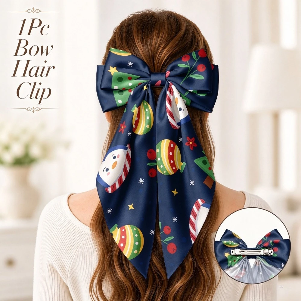 Elegant Christmas Snowman Bauble Pattern Satin Big Bow Hairpin, Long Tail Bow Hair Clip Women Girls Holiday Hair Accessory Gift