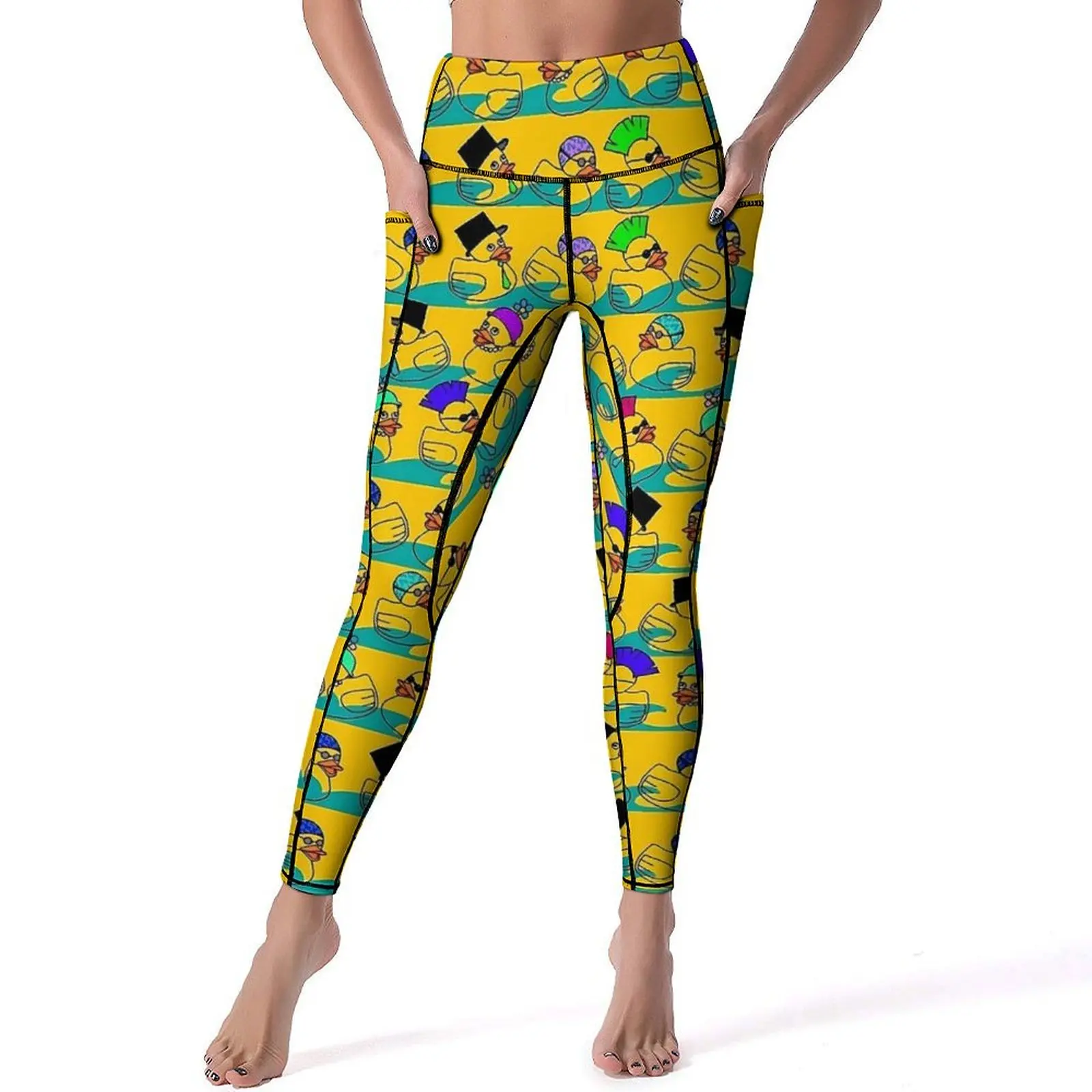 Funny Rubber Ducks Print Yoga Pants With Pockets  Leggings Sexy Push Up Kawaii Yoga Sport Legging Elastic Printed Gym Leggins