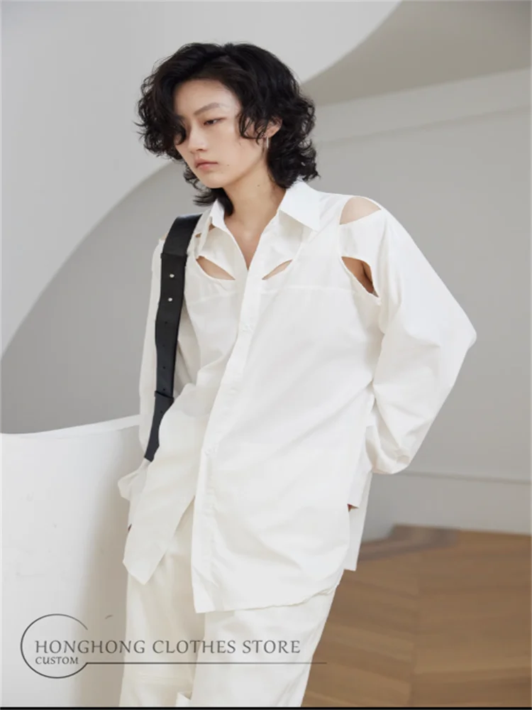 Dark designer new Chinese shoulder hollow-out vintage loose long-sleeved plus-size custom shirt