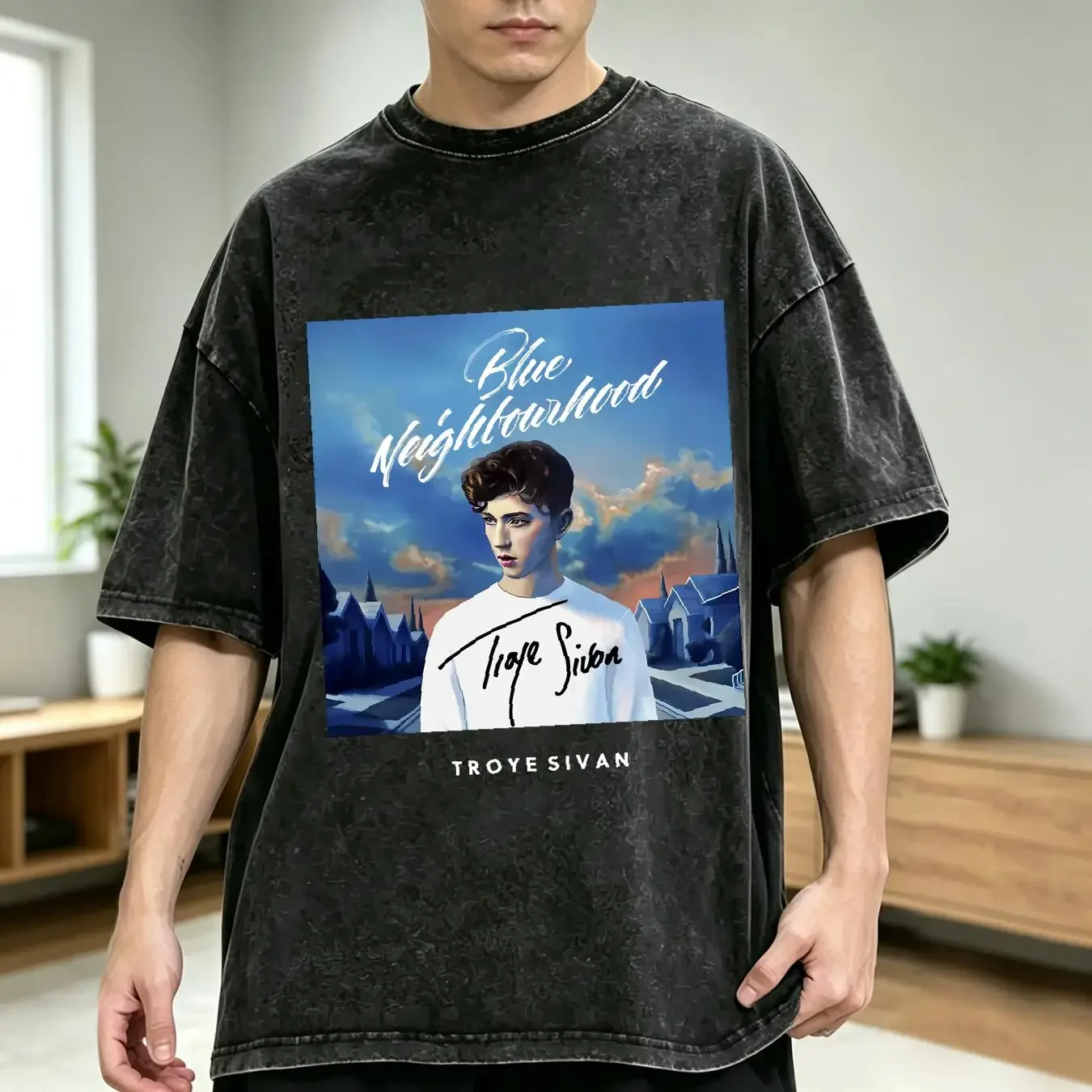 washed T Shirt NEW LISTINGVtg Troye Sivan Blue Neighborhood Cotton Black Full Size AA2365 vintage Washed homme Stretched