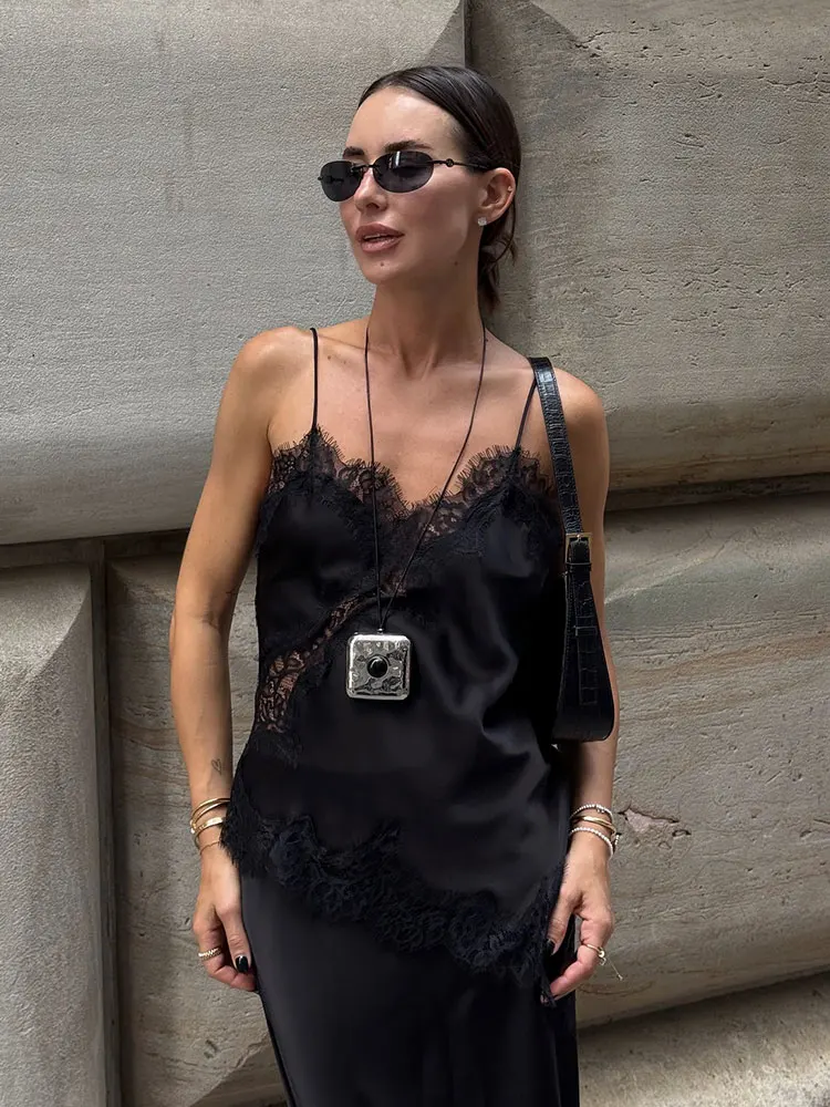 HH Women Solid Asymmetric Tops V Neck Suspender Sexy Lace Tank Tops Woman Elegant Fashion High Street Lady Chic Top Camis