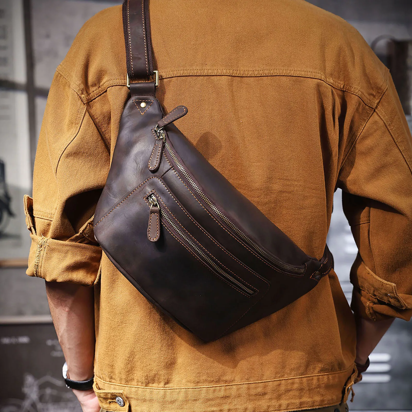 S.WORKER Vintage Brusttasche aus echtem Leder für Herren, Vintage, langlebige Brusttasche, Umhängetasche für Herren, Geschenk für Weihnachten – Detail 5