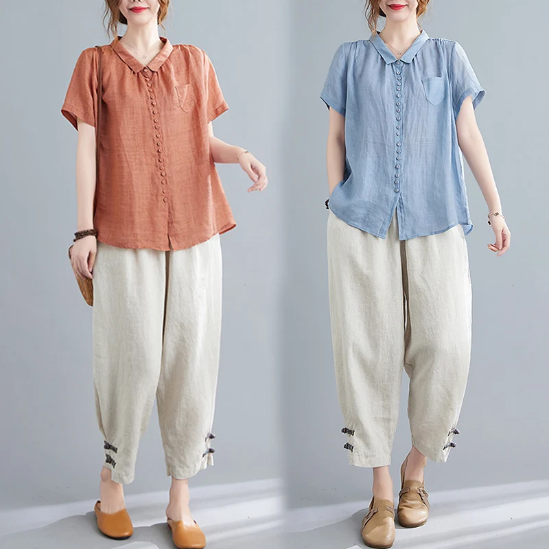 

Cotton Linen ort Sve Button up irt Loose Harem Pants Faionable Set Women's Summer Clothing Casual Workwear