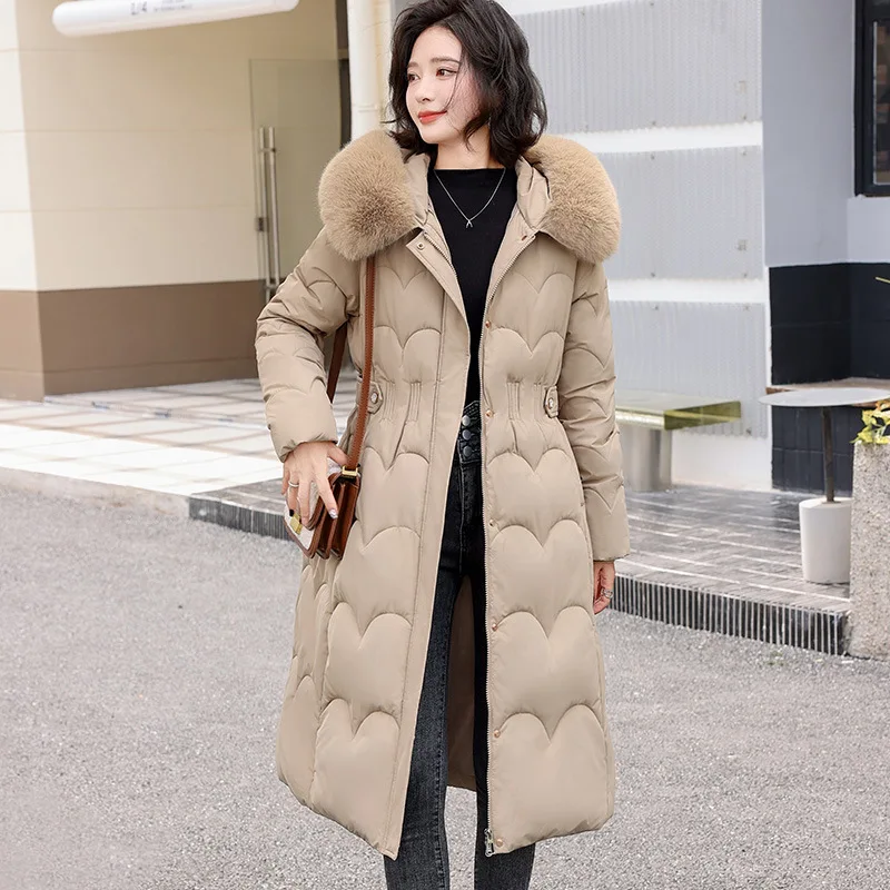 Elegant Winter Fur Hooded Down Jackets Women Clothes Cotton Padded Coat Warm Thick Long Parkas Winter Women Snow Puffer Jacket