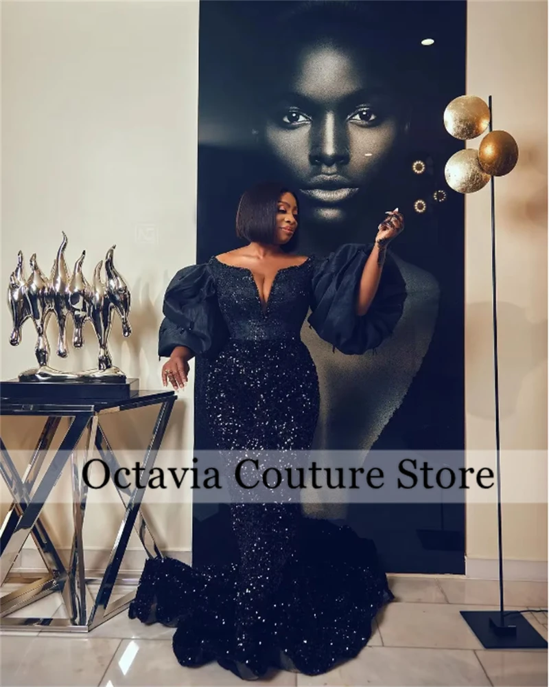 Aso Ebi zwarte pailletten avondjurken Afrikaanse kraal 2024 verjaardag luxe jurk mouw O hals formele jurk op maat
