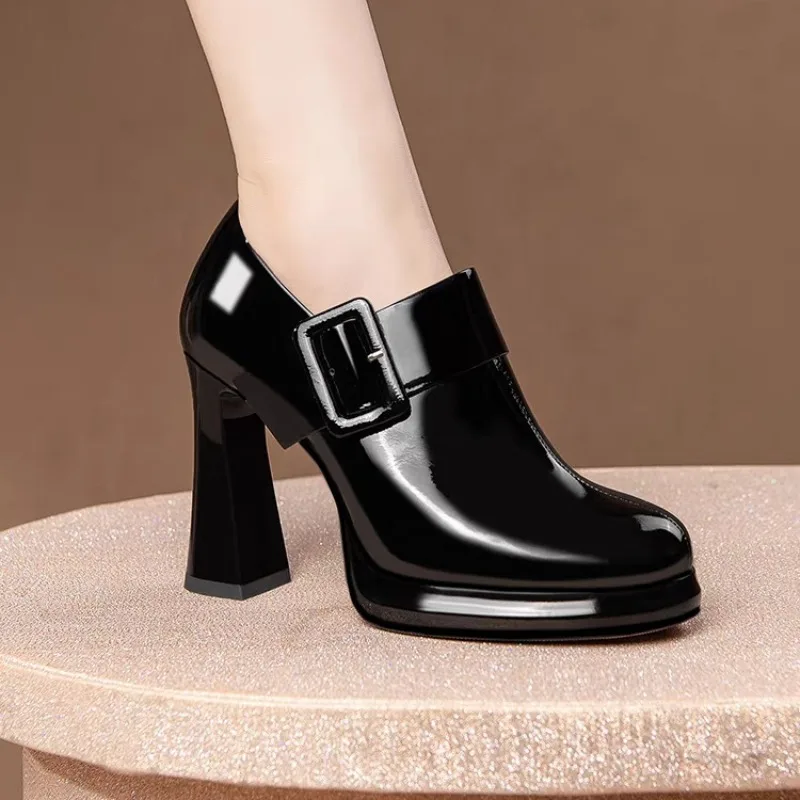 

Comemore Spring and Autumn New Black Round Head Thick High Heel Single Shoes Female Side Zip Casual Platform Pumps Women's Shoes