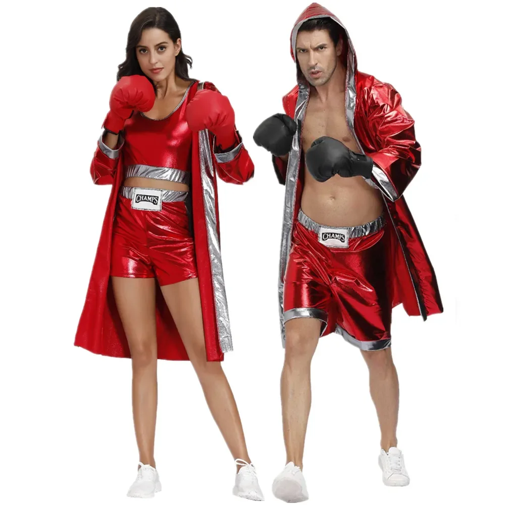 

Male Women Red Boxer Costumes Carnival Halloween Party couple Cosplay Clothes Hooded Cloak Robe Shorts Set
