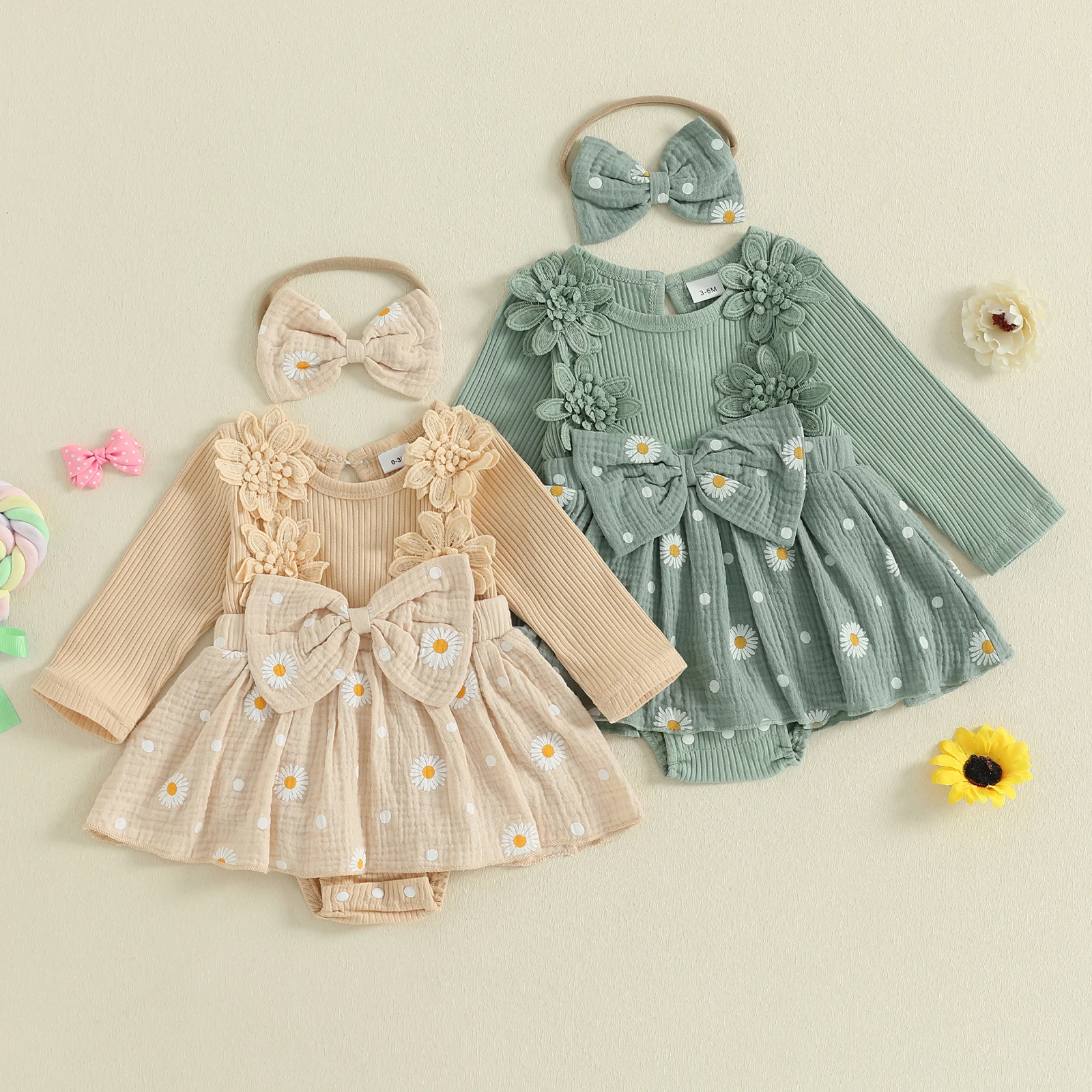 

Tregren 0-24M Infant Baby Girl Fall Daisy Outfit 3D Flower Long Sleeve Romper Dress and Bow Headband 2 Piece Sets