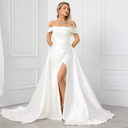 Strapless Satin Wedding Dress With Off Shoulder Pleated Bridesmaids Wedding Dress High Slit A-line Bridal Gown