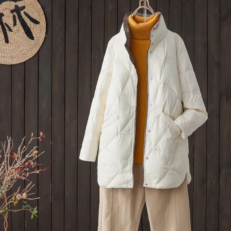 Lightweight down Cotton Jacket Women's Long Middle-Length Diamond Grid Stand Collar Coat Spring Season Fashion Ladies' Wear