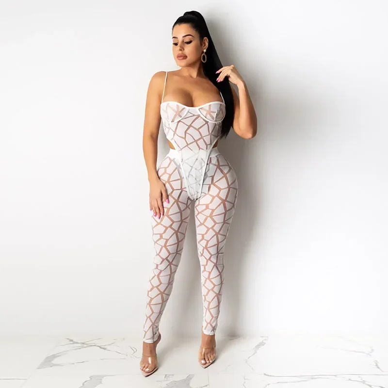 Sheer Mesh Plaid Print 2-teiliges Set Damen Rave Festival Kleidung Trägerloser Body Top und Legging Hose Sexy Club Outfits Sommer