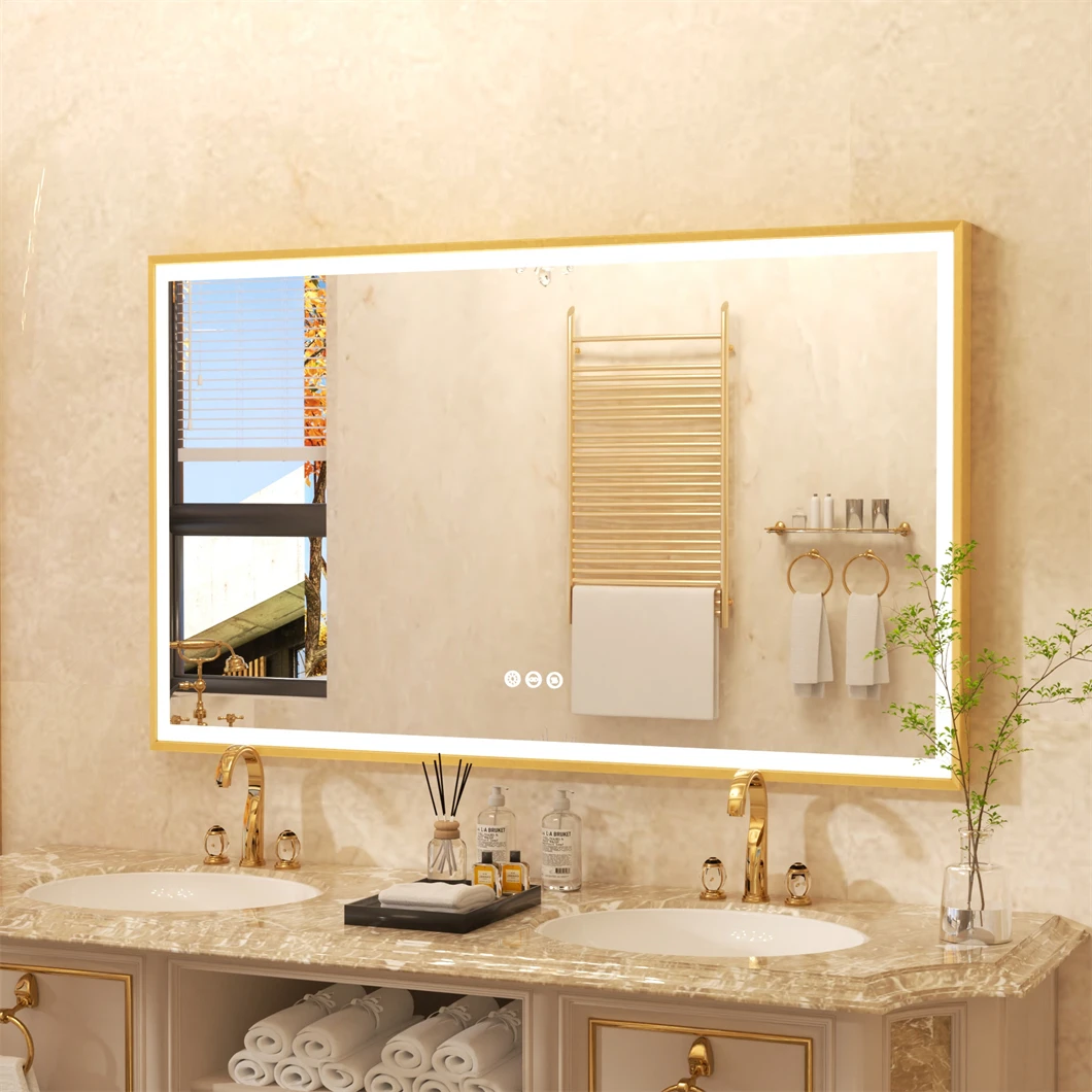 Gold LED Bathroom Mirror 3 Colors Anti-Fog Mirrors with Dimmable Front Light Large Wall Mounted Vanity Mirror with Aluminum Fram