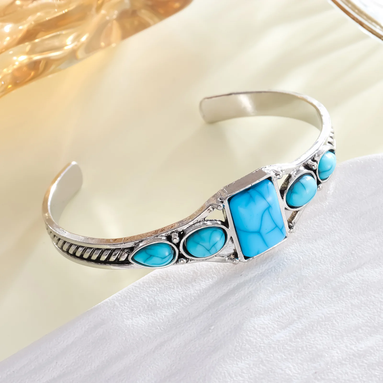 European and American bohemian retro turquoise bracelet carved hollow geometric bracelet opening adjustable