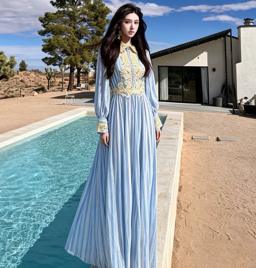 100% Silk Striped Maxi Dress Luxury Floral Embroidery Lace Long Gown Elegant Flowy Blue Dress For Women Holiday Party Wear