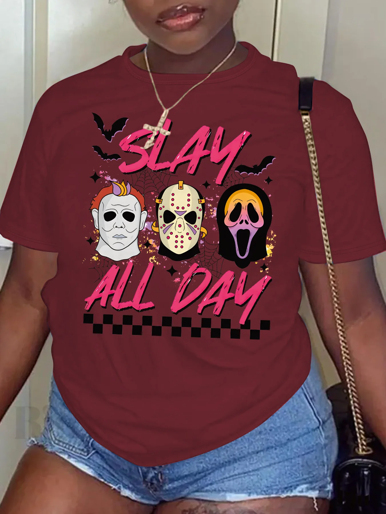 Plus rozmiar odzież damska lato z krótkim rękawem wokół szyi z nadrukiem graficzna czaszka Halloween SLAY WSZYSTKIE topy t-shirty w dużych rozmiarach