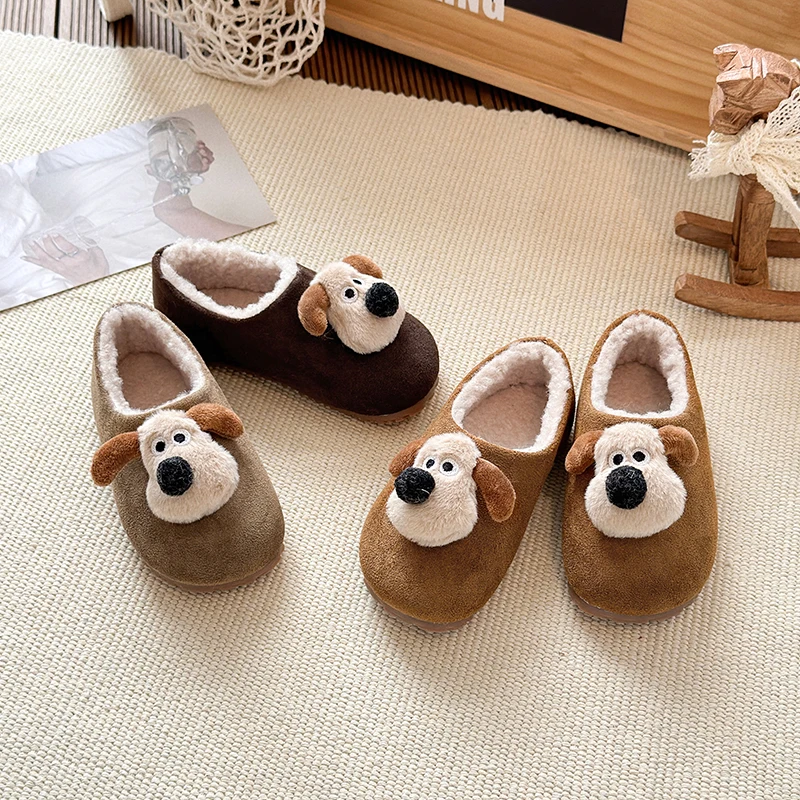 

Winter Girl's Casual Shoes Round Toe Slip-on Dog Plush Cute Kid's Flat Shoe Solid Colors Anti-slip Chic Warm Comfy Children Shoe