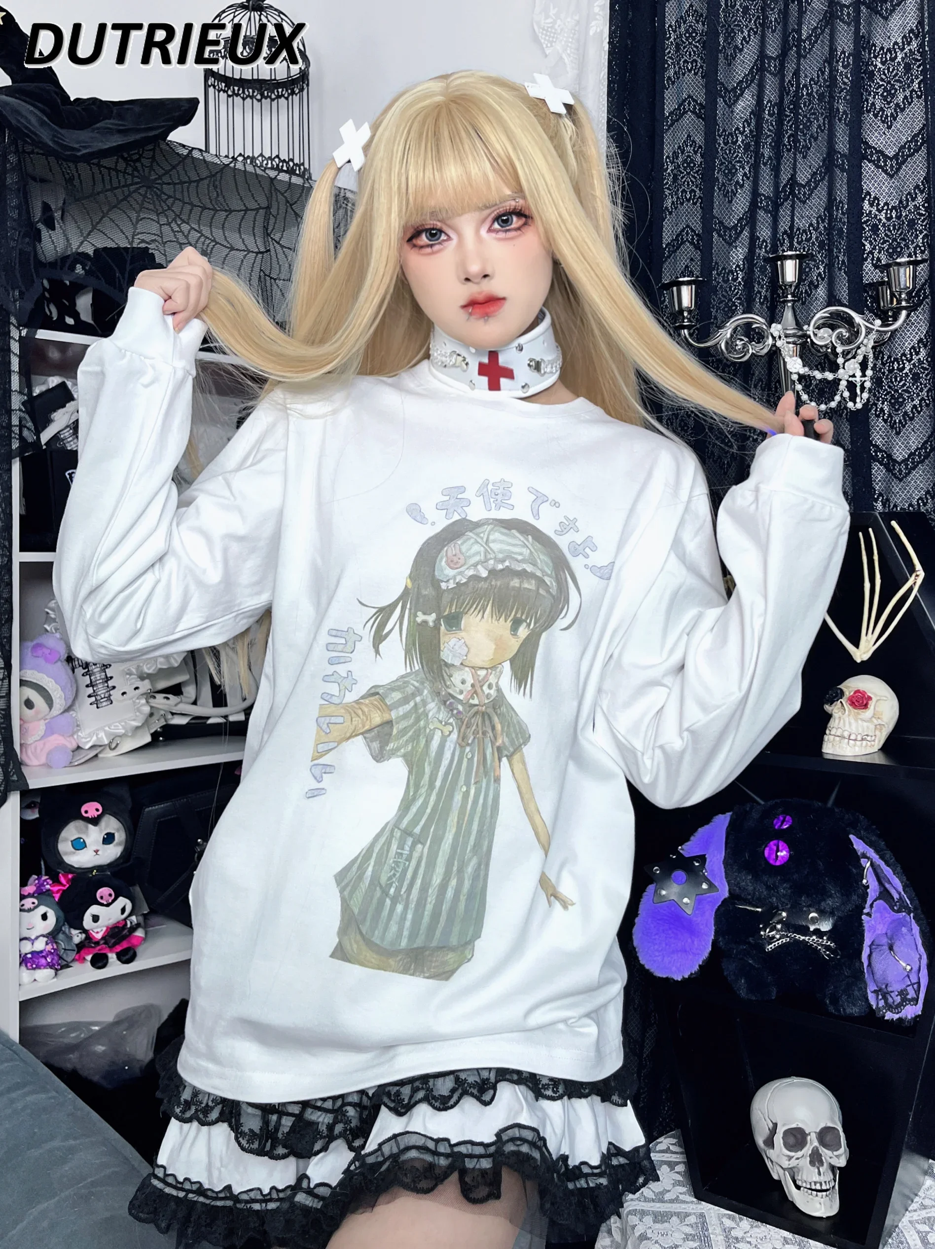 

Loose Long Sleeve White Cotton T-shirt Student Cute Girls Wild Spring and Autumn Round Neck Cartoon Print Top Pullover