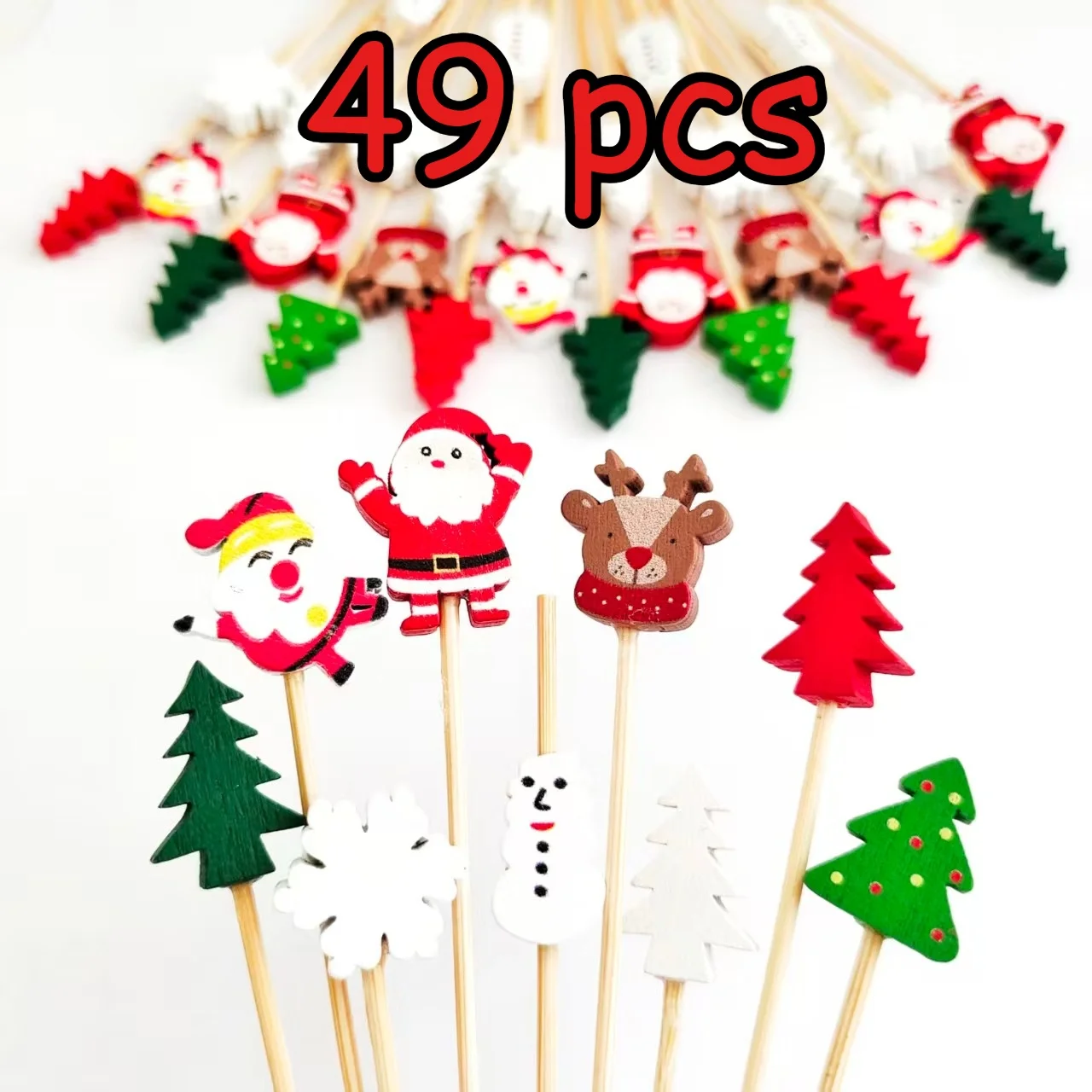 49Pcs Christmas Themed Cupcake Toppers, Bamboo Cocktail Picks, Fancy Appetizer Toothpicks, Fruit Skewers for Wedding, Bar Decor,