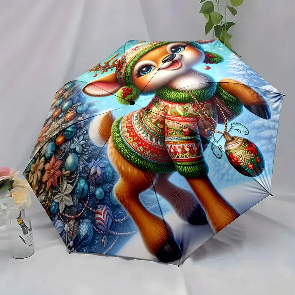1PC Christmas Reindeer Design Umbrella with Festive Look Print 8 Iron Ribs Folding Umbrella Auto-Open Fashion Sunshade