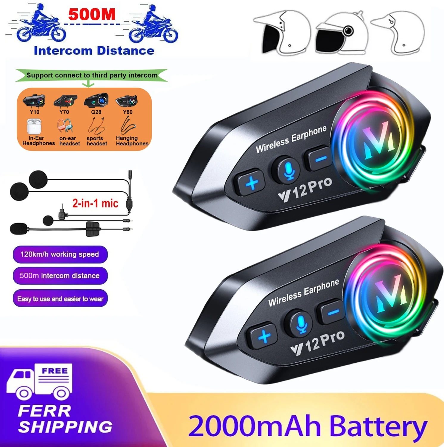

2pcs Kebidumei Y12 Pro Motorcycle Helmet Intercom Bluetooth Headset 500M Wireless Intercomunicador Moto Walkie Talkie