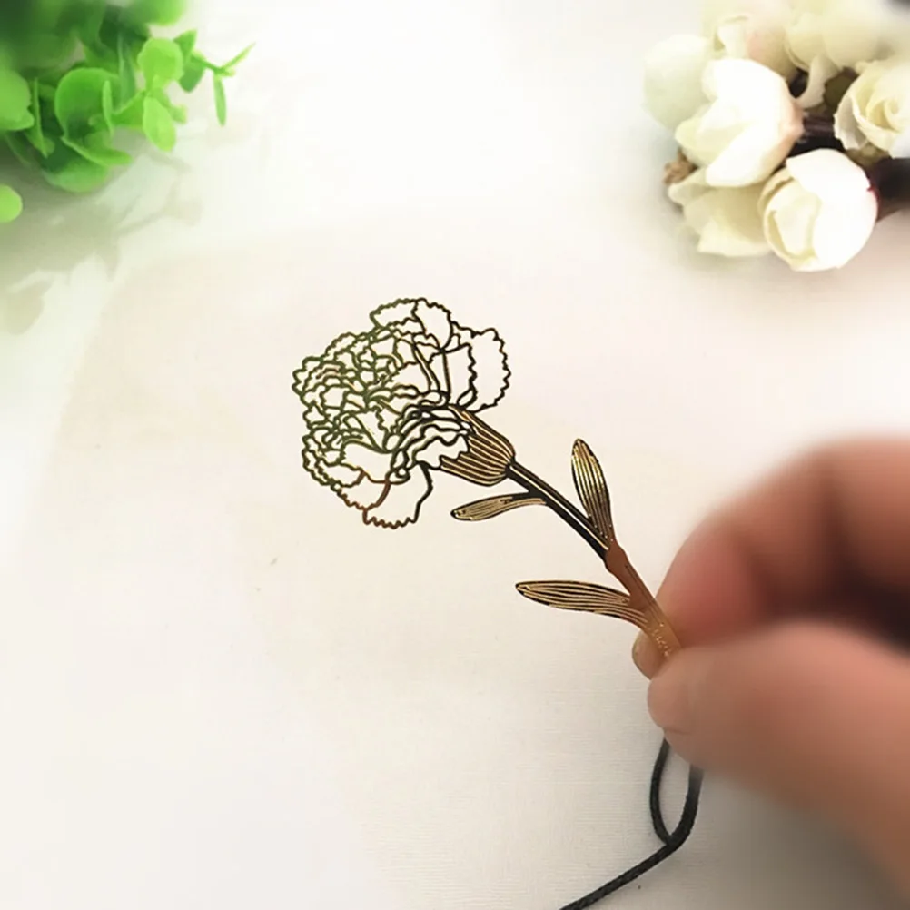 

6pcs Metal Bookmark Hollow Carnation Flower Shaped Pendant Bookmark with String for Book Paper Office School Supplies (Golden)