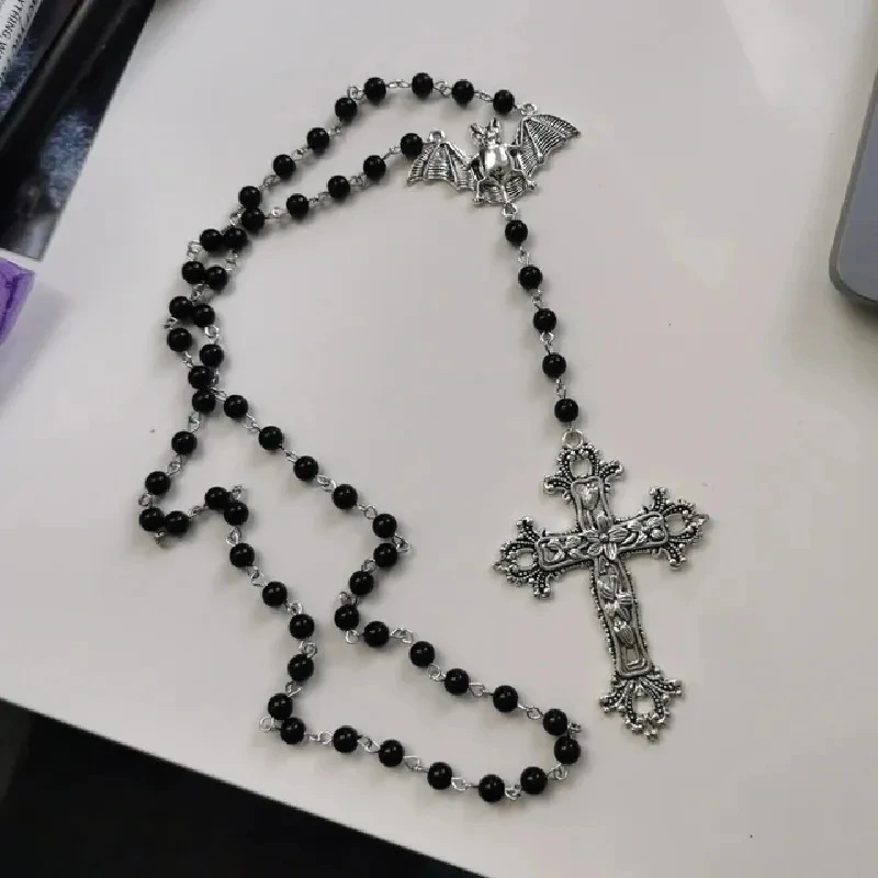 

New Gothic Rosary Necklace Prayer Beads Beaded Trad Cross Halloween Pendant Witcher Charm Goth Handmade Jewelry Creativity