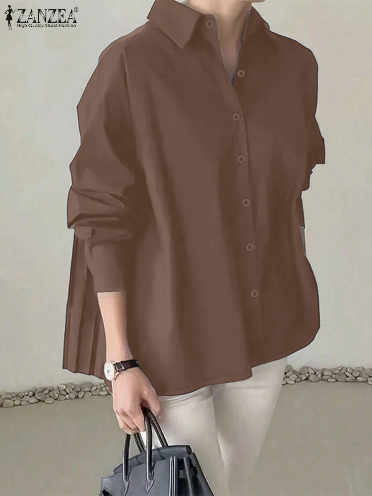 Mode Vrouwen Shirt ZANZEA 2025 Herfst Blouse Vrouwen Revers Hals Lange Mouw Office Shirts Solid Pleaed Blusas Vrouwelijke OL Werk tops