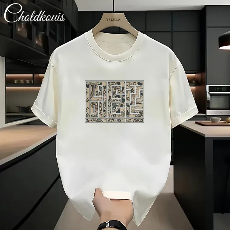 American Style 200g Heavy Cotton Short Sleeve T-shirt Men Round Neck Loose Fit White Base Layer Top New Summer 2024