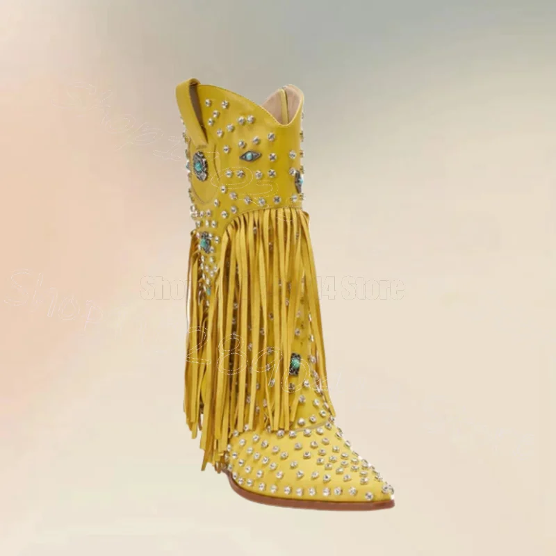 

Yellow Tassels Crystal Design Pointed Toe Boots Side Zipper Women Shoes Chunky High Heels Party Dating 2025 Zapatos Para Mujere