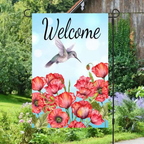 Welcome Red Poppy Field Hummingbird Flower Garden Flag, Double-Sided VVL YYX EEZ