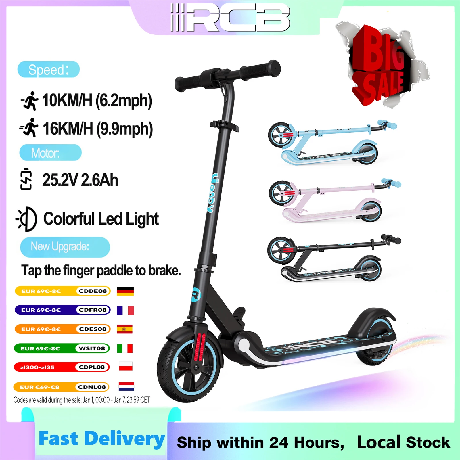 Electric Scooter RCB for children 6-12 years old, 6 W - Max 16 km/h motor Bluetooth speaker-Lights colorful LED-pleat