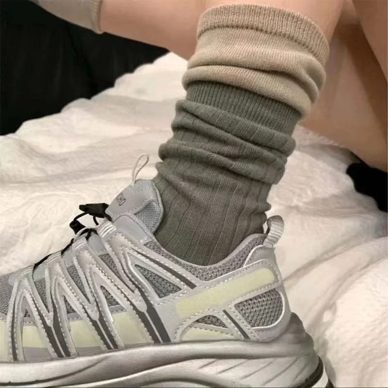 Autumn and Winter Socks Women Korean Edition Contrast Color False Double Layer Spliced Layered Socks Women Medium Length Socks