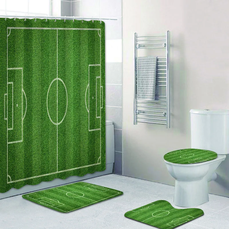 

Cool Grass Soccer Field Football Shower Curtain Set for Bathroom Sport Green Lawn Court Bath Rug Home Decor Ball Men Game Gift