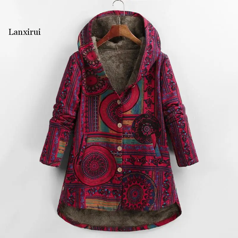

Plus Size Winter Coat Women Faux Fur Coat Women Vintage Geometric Print Overcoat Button Hooded Long Sleeves Pockets Cotton Parka