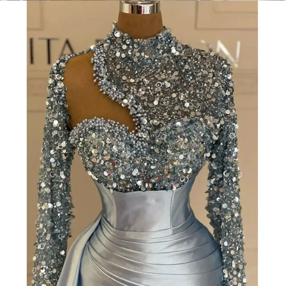 

Luxury New Arrival Blue Formal Evening Party Dresses Side Split O-Neck Trumpet Full Sleeves Shiny Sequin Beading Women Prom Gown