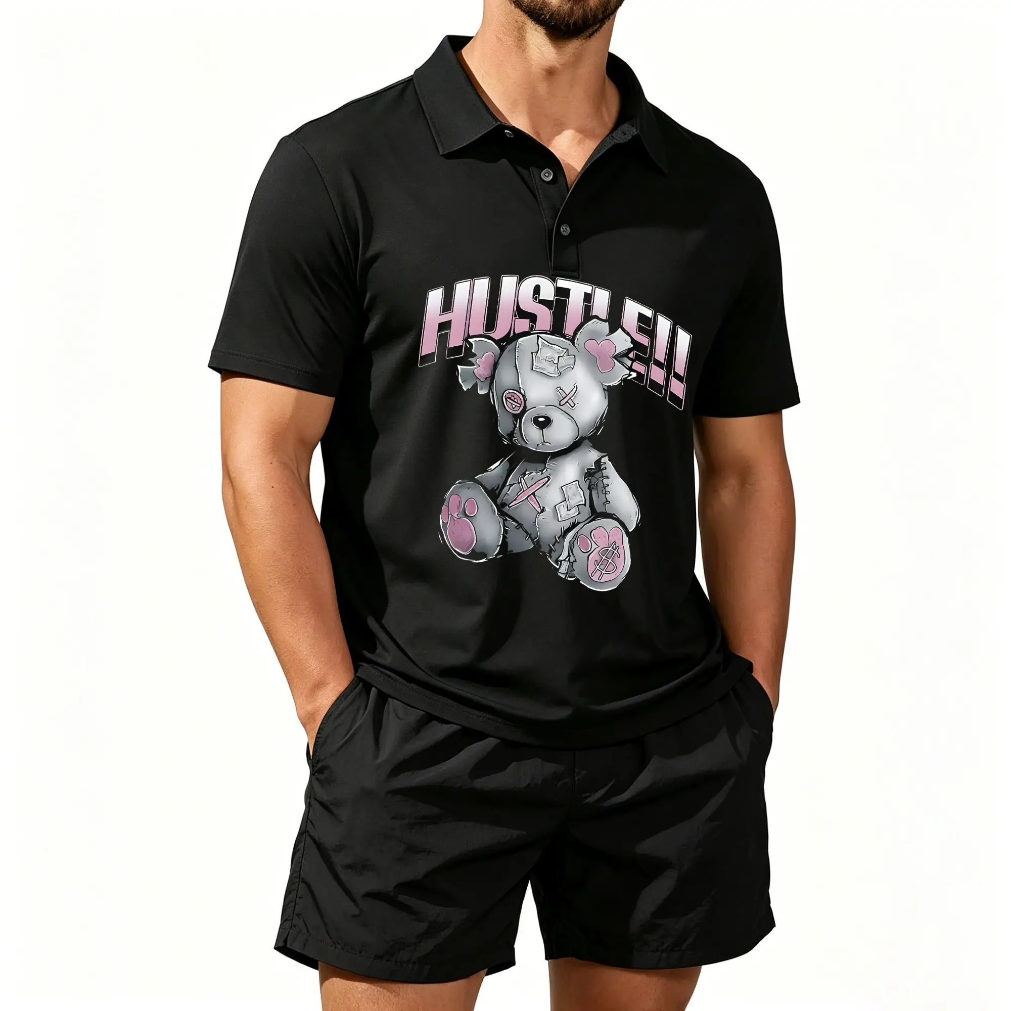 

Men's Polo Beach Shorts Two-Piece Set, Cute Panda Simple Print, Adorable Panda Pattern, Casual and Comfortable, Well-Fitted