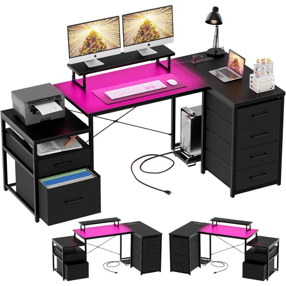 Double-sided L-shaped Computer Desk with Drawers with LED Lights and Power Outlets, Monitor Stand and CPU Stand, Black