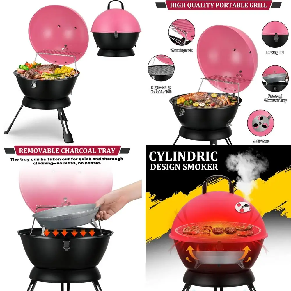 

Портативный 14-дюймовый угольный гриль с подогревом - компактный складной гриль-барбекю для улицы и кемпинга розового цвета