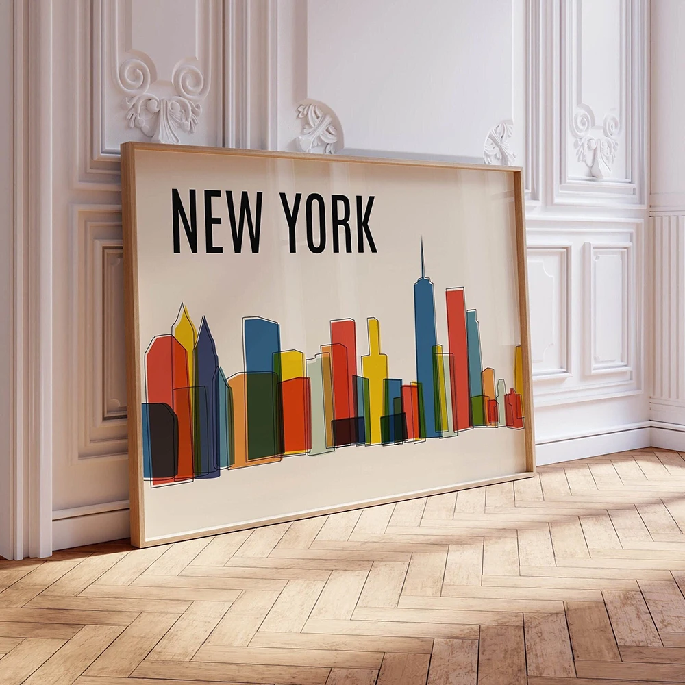 Colorful New York Atlanta Houston Skyline Wall Art Posters Prints Abstract City Landmark Building Canvas Modern Room Home Decor