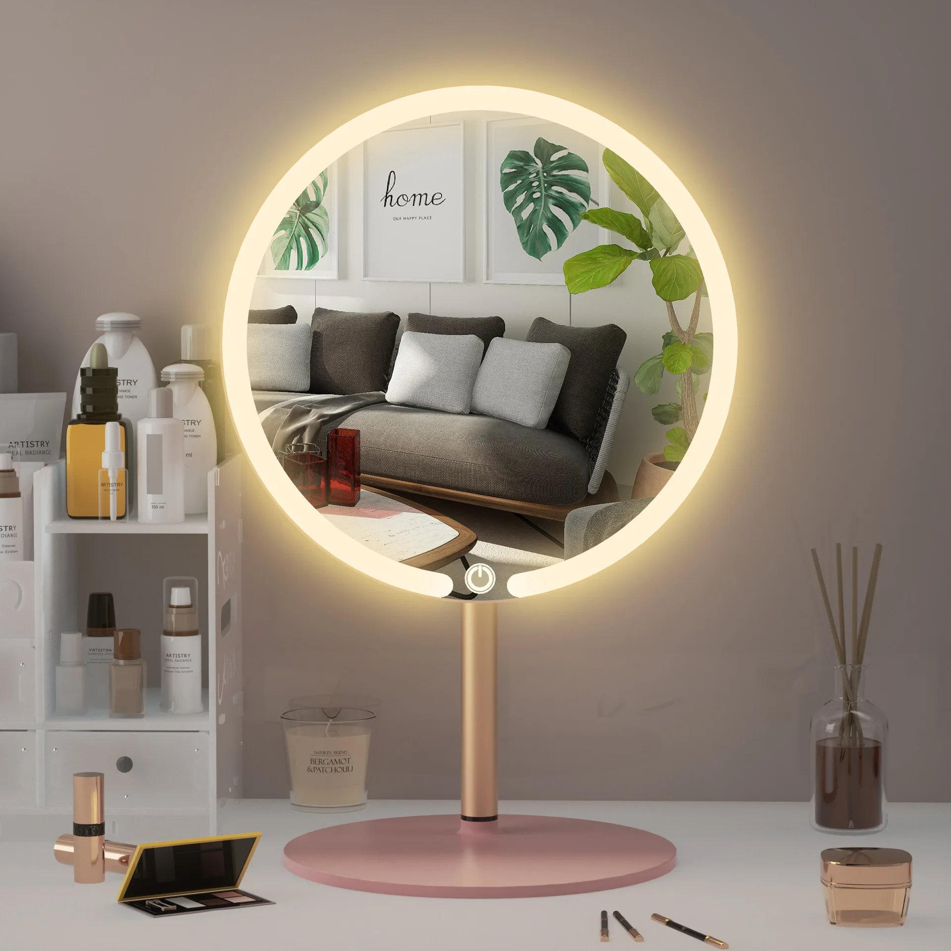 Large Round LED Vanity Mirror with Light, French Style Desktop Makeup Mirror for Home & Bathroom, HD Clear Durable Design