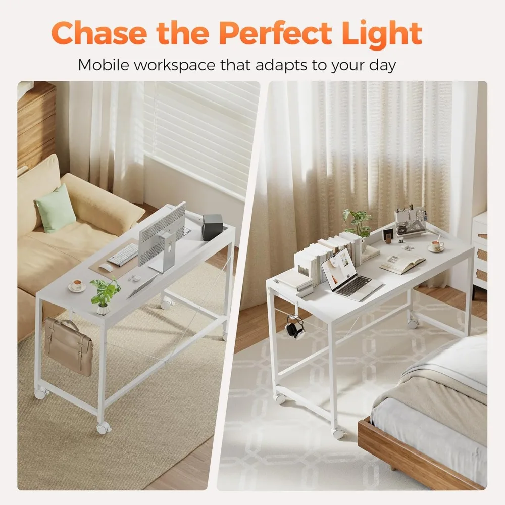 Compact Gaming Desk with Wheels for Small Spaces, Modern Style Home Office and Study Writing Table