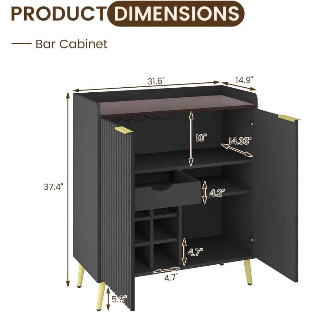 Farmhouse Style Wine Bar Cabinet with Fluted Doors, Glass Holders, and Removable Rack for Modern Coffee Storage