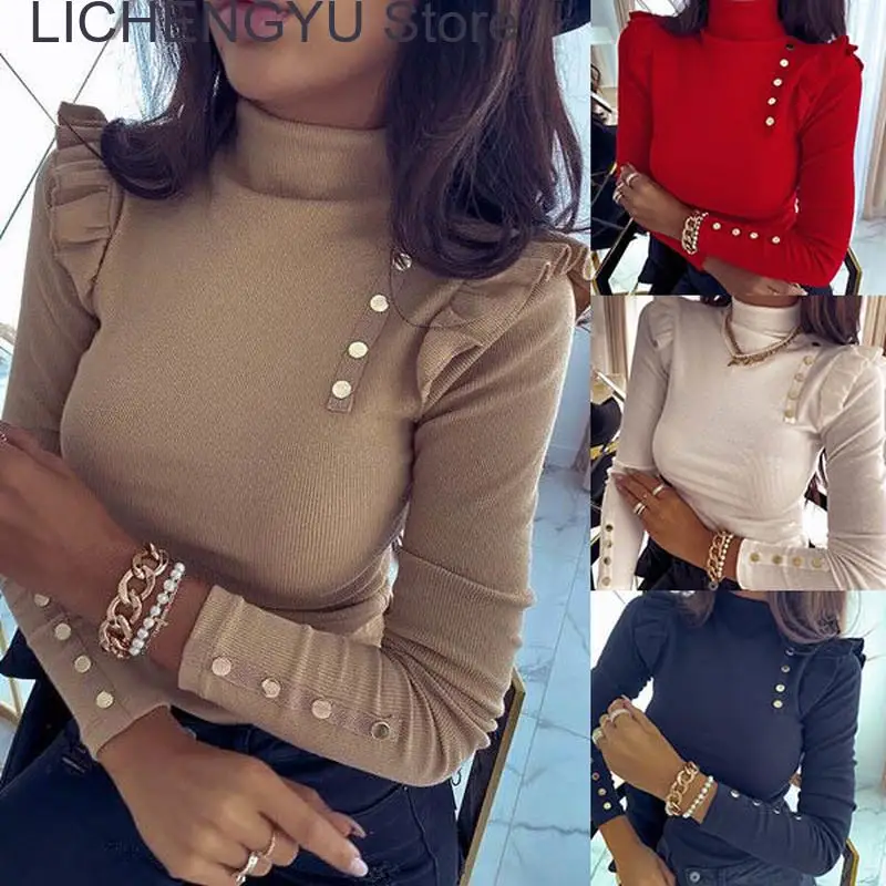 New Fashion Pullover Women Europe and America Button Solid Bottom Sweater Women Ruffled Long Sleeve Women's Knitwear