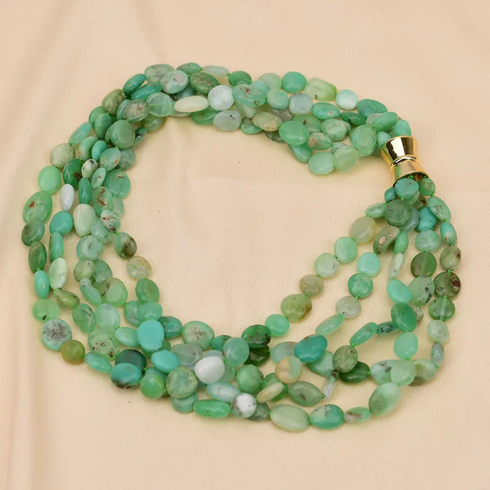 

GG 5 Rows Natural Green Chrysoprase Real Gems Stone Necklace For Women