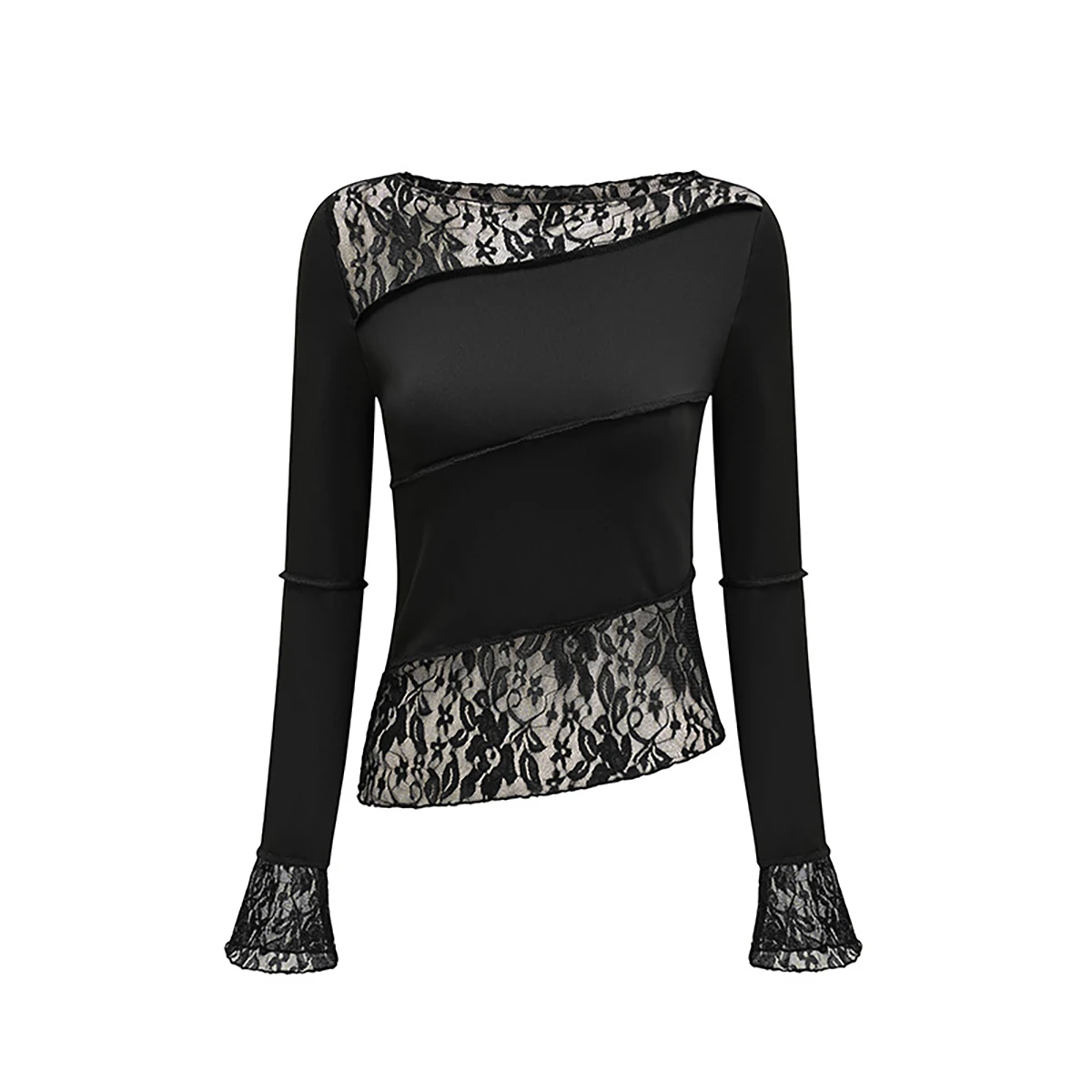 Women's Fashion T-Shirt Lace-Panelled Slim Long-Sleeved Figure-Flattering Sexy Elegant Skinny Spicy Girl Top Streetwear