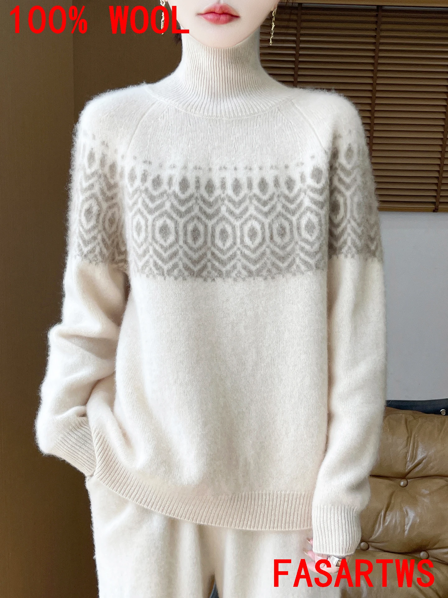 

100% Australian Wool Sweater Women's Sweater High NeckNew In Knitwear Jacquard Pullover thickened Warm Fashion Casual Knitwear