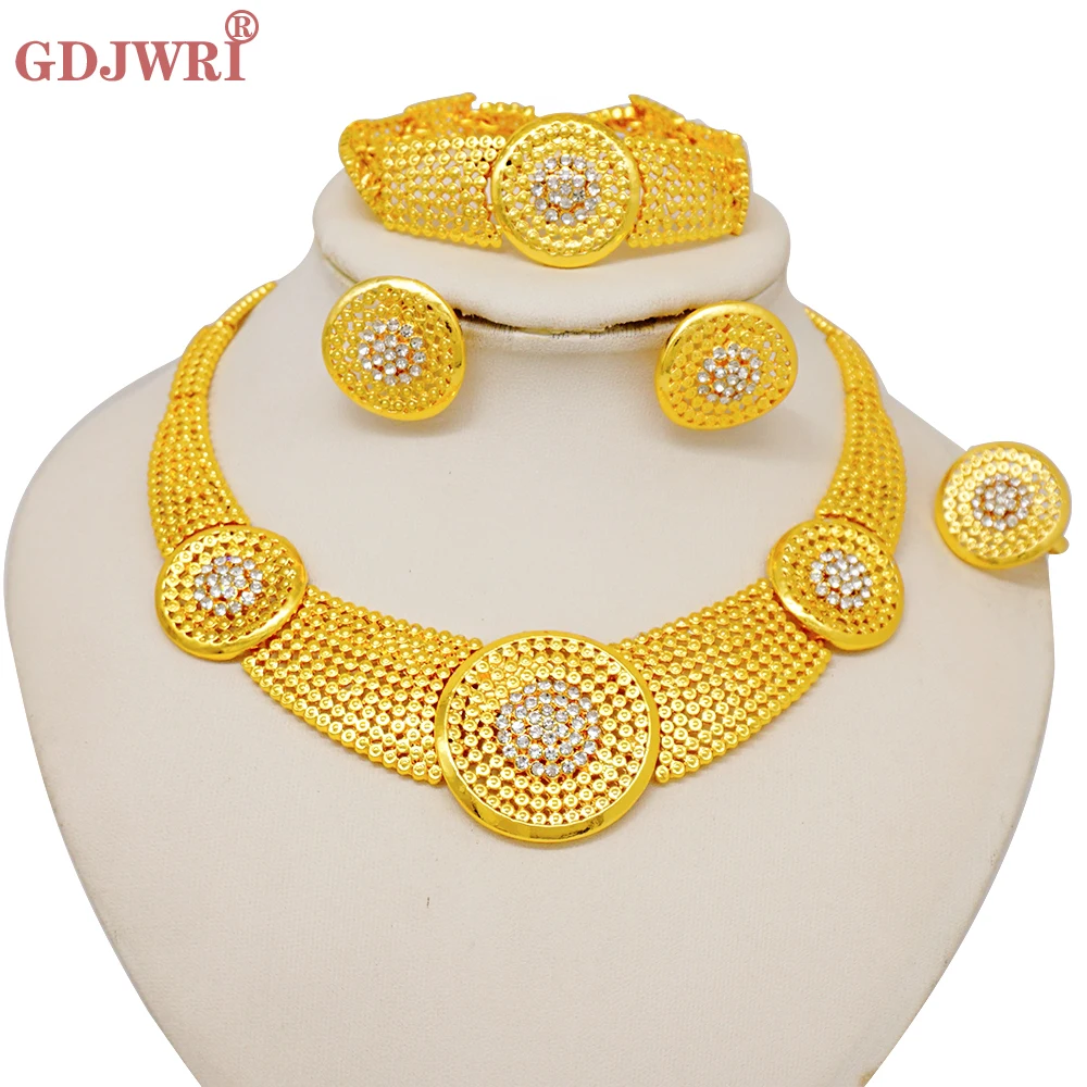 

Fashion Jewelry Set Dubai Gold Color African Jewellery Accessories Round Necklace Bracelet Earring Ring For Woman Wedding Gift