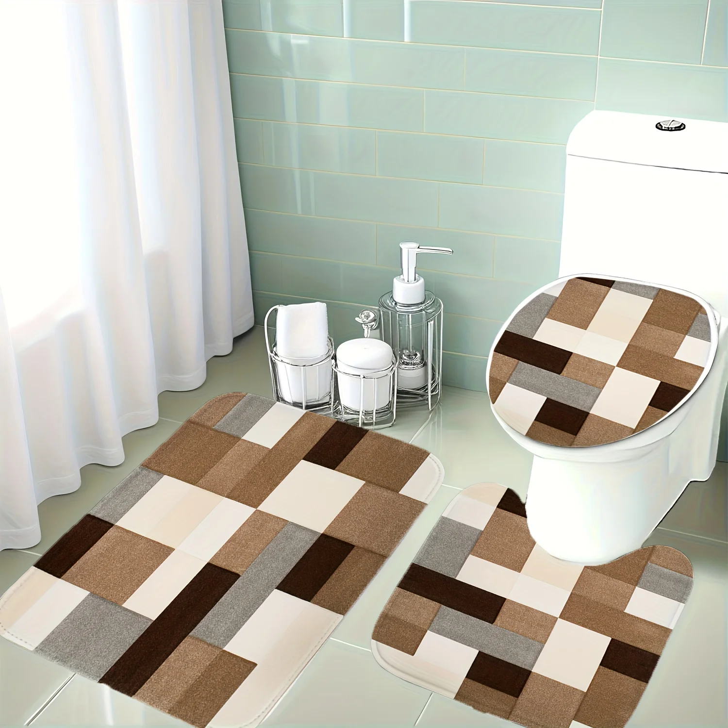 

3pcs Beige Brown Gray White Plush Bathroom Set - Soft Non-Slip Mats with Toilet Lid Cover, Heavy-Duty & Polypropylene Backing