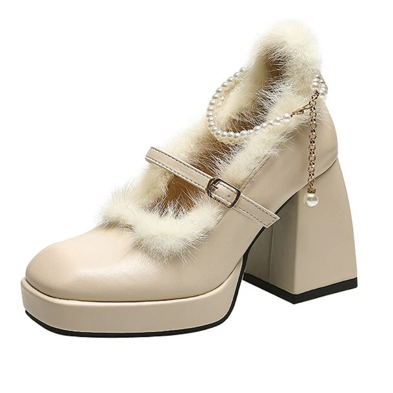 

Туфли Мэри Джейн на платформе с бусинами, женские туфли-лодочки с ремешком на щиколотке, элегантные модельные туфли из искусственного меха, женские модные туфли на высоком каблуке